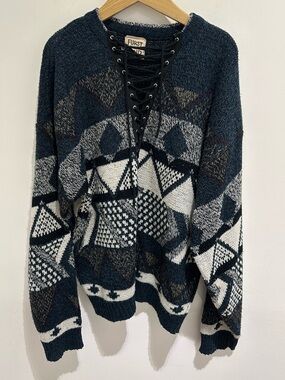 LF Navy, White, and Brown Geometric Lace-Up V-Neck Sweater